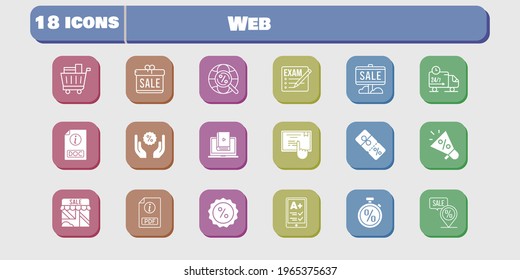 web icon set. included gift, megaphone, shop, learn, discount, touchscreen, delivery truck, exam, ereader, sale, pdf icons on white background. linear, filled styles.