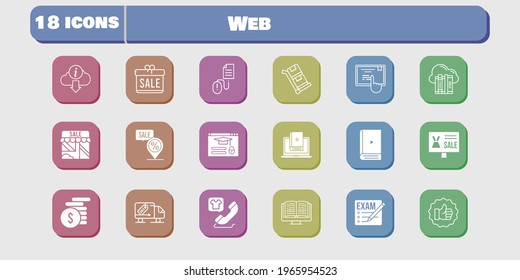 web icon set. included gift, shop, like, learn, touchscreen, delivery truck, login, click, trolley, exam, cloud, online shop icons on white background. linear, filled styles.