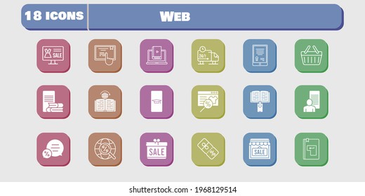 web icon set. included gift, study, shop, learn, discount, touchscreen, learning, delivery truck, shopping basket, student-smartphone icons on white background. linear, filled styles.