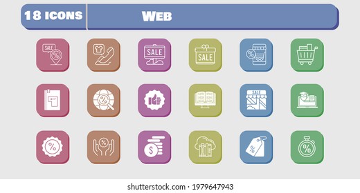 web icon set. included gift, shop, like, discount, training, cloud, online shop, sale, ebook, money, price tag, shopping cart icons on white background. linear, filled styles.