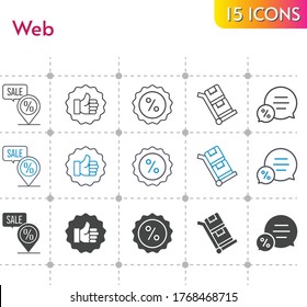 web icon set. included like, chat, discount, placeholder, trolley icons on white background. linear, bicolor, filled styles.
