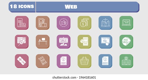 web icon set. included like, discount, touchscreen, learning, shopping basket, trolley, online shop, sale, pdf, student-laptop icons on white background. linear, filled styles.