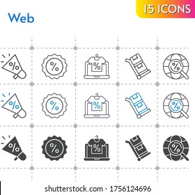 conjunto de iconos web. incluye megáfono, tienda en línea, descuento, internet, íconos del carro sobre fondo blanco. estilos lineales, bicolores, rellenos.