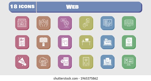 web icon set. included megaphone, shop, learn, discount, training, click, cloud, online shop, tablet, ereader, pdf icons on white background. linear, filled styles.