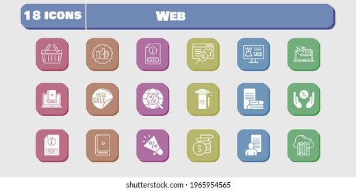 web icon set. included megaphone, study, smartphone, like, learn, discount, training, shopping basket, cloud, online shop, sale icons on white background. linear, filled styles.