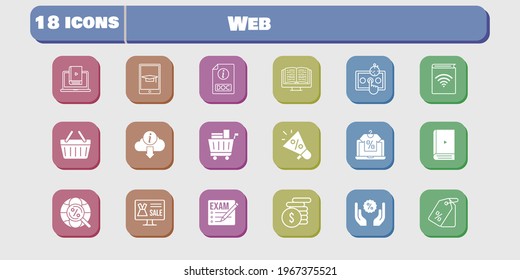 web icon set. included megaphone, audiobook, test, learn, discount, shopping-basket, exam, online shop, ebook, money icons on white background. linear, filled styles.