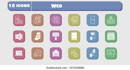 web icon set. included megaphone, study, shop, test, learn, touchscreen, learning, click, student-smartphone, online shop, student-laptop icons on white background. linear, filled styles.