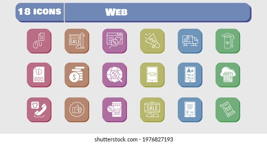 web icon set. included megaphone, smartphone, like, delivery truck, click, trolley, cloud, online shop, tablet, ereader icons on white background. linear, filled styles.