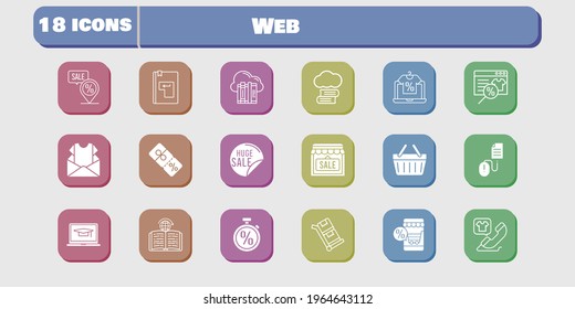 web icon set. included newsletter, shop, discount, shopping-basket, learning, click, trolley, cloud, cloud library, online shop icons on white background. linear, filled styles.