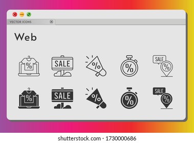 web icon set. included online shop, megaphone, sale, placeholder, stopwatch icons on white background. linear, filled styles.