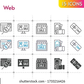 web icon set. included online shop, shop, money, discount icons on white background. linear, bicolor, filled styles.