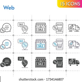 web icon set. included online shop, shop, chat, placeholder, delivery truck icons on white background. linear, bicolor, filled styles.