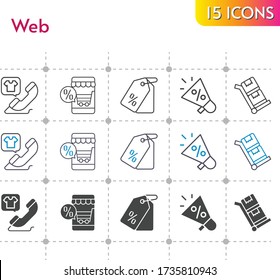 conjunto de iconos web. incluido tienda online, megáfono, etiqueta de precio, llamada telefónica, íconos de carro sobre fondo blanco. estilos lineales, bicolores, rellenos.