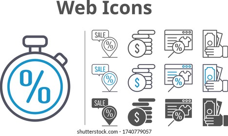 conjunto de iconos web incluidos tienda online, dinero, marcador de posición, iconos de cronómetro