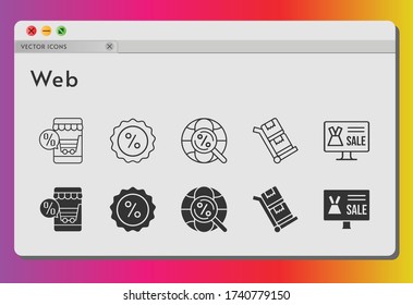 web icon set. included online shop, discount, internet, trolley icons on white background. linear, filled styles.