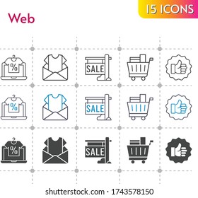 web icon set. included online shop, newsletter, sale, like, shopping cart icons on white background. linear, bicolor, filled styles.