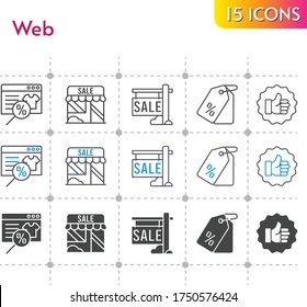 web icon set. included online shop, sale, shop, like, price tag icons on white background. linear, bicolor, filled styles.