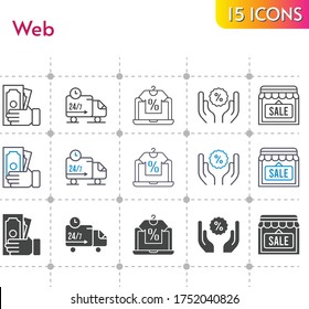 conjunto de iconos web. incluido tienda online, tienda, dinero, descuento, iconos de camión de entrega sobre fondo blanco. estilos lineales, bicolores, rellenos.