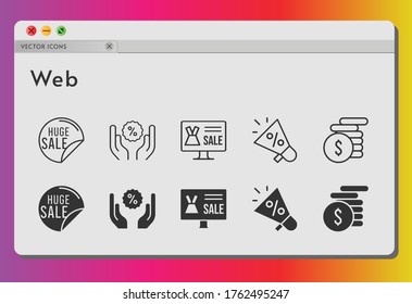 web icon set. included online shop, megaphone, sale, money, discount icons on white background. linear, filled styles.
