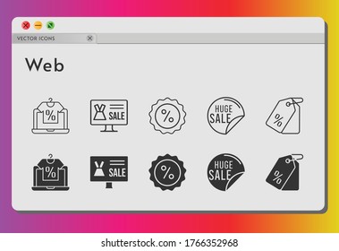 web icon set. included online shop, sale, price tag, discount icons on white background. linear, filled styles.