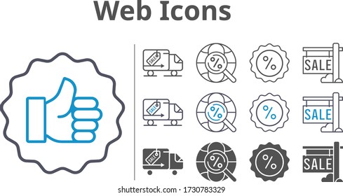web icon set included sale, like, discount, delivery truck, internet icons