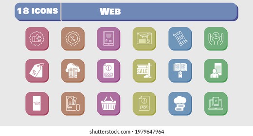 web icon set. included study, learn, like, discount, shopping-basket, login, trolley, student-smartphone, cloud library, cloud icons on white background. linear, filled styles.