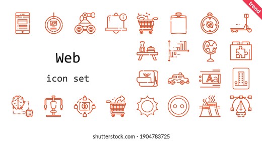 web icon set. line icon style. web related icons such as gym station, news, post it, earth globe, taxi, text editor, industry, sun, bell, artificial intelligence, hip flask, button, robot, compass