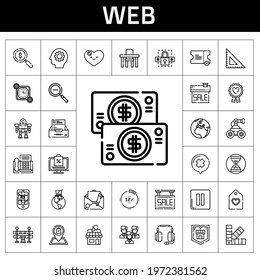 web icon set. line icon style. web related icons such as shield, online shopping, shop, headphones, traffic barrier, pantone, robot, password, hourglass, percentage, tag