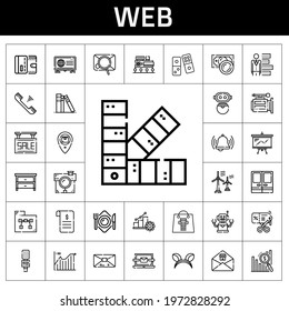 web icon set. line icon style. web related icons such as mail, wind turbine, discount, plate, pantone, laptop, house, robot, presentation, line chart, library, bar chart, domino