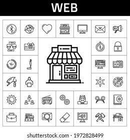 web icon set. line icon style. web related icons such as eraser, megaphone, audiobook, shop, hammer, padlock, sun, robot, voice recorder, computer, portfolio, percentage, legal