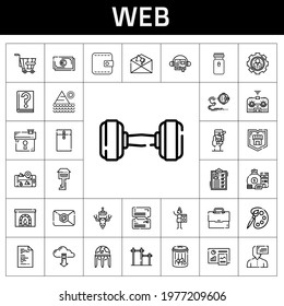 web icon set. line icon style. web related icons such as shield, chimney, audiobook, earth globe, electric razor, house, trolley, analytics, robot, notification, bar