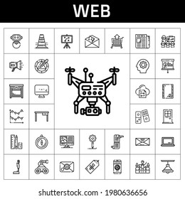 web icon set. line icon style. web related icons such as newspaper, door, megaphone, screen, laptop, cold water, school material, cart, line chart, presentation, robot