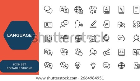 Web icon set in line style for language, translation, and communication. Includes editable stroke linear icons of speech, dictionary, text, speaking, writing, translate, language, and more.