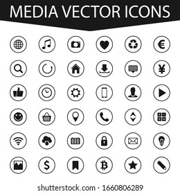 Conjunto de iconos Web. Un conjunto de símbolos y señales de medios. Populares iconos redondos, signos de dinero, iconos web y móviles. Ilustración vectorial aislada en un fondo blanco.