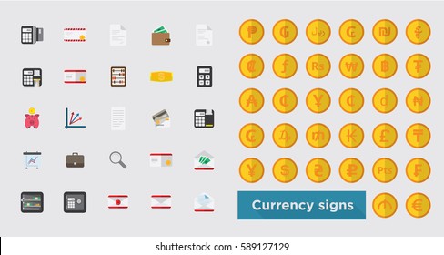 web icon set - money, finance, payments, currency symbol on gold coin