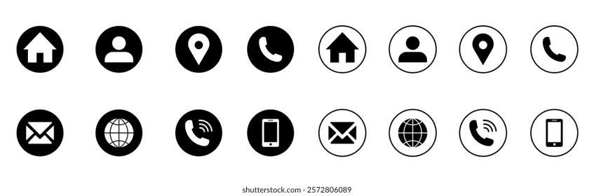 Web icon set. Name, phone, mobile, place, location, mail, symbol design template.