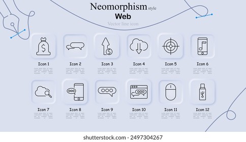Websymbol im Neomorphismus-Stil. Geldbeutel, Sprechblase, Upload, Download, Mobiltelefon, Cloud-Speicher, Suche, Konversation, Chat, Webbrowser, Maus, USB-Laufwerk, Vektorgrafik