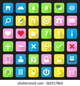 web icon set on colorful rounded rectangle with long shadow