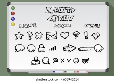 Web Icon Set on whiteboard. Hand drawn vector stock illustration