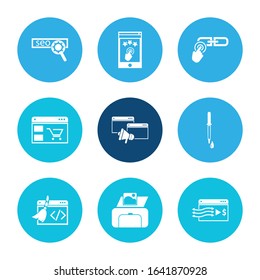 Web icon set and print with link, SEO and traffic conversion. Magnifying related web icon vector for web UI logo design.