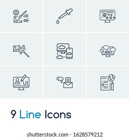 Web icon set and raster art with keyword ranking, live chat and UI design. Network related web icon vector for web UI logo design.