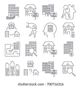 Web icon set.  Real Estate, property, realtor: keys, calculator, real estate, search, house, home, apartments and other. Icon set with editable stroke
