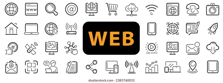 Web icon set. Social media, online payment, online shop, wi-fi, internet, search, e-mail, phone, computer, laptop, tablet, satellite, e-commerce, router and more. Vector illustration