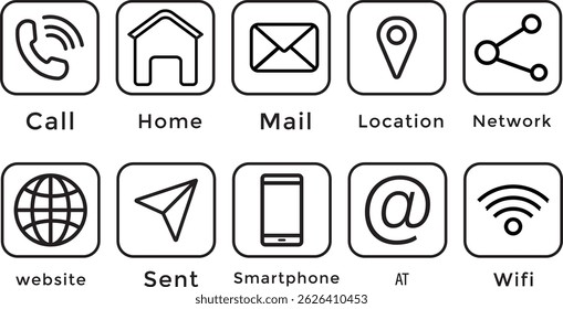 Conjunto de ícones da Web. Ícones de mídias sociais, Contacte-nos ícone set.sent, rede, Site, correio, símbolo simples de estilo preto ilustração vacor,

