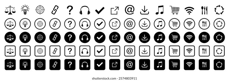 Web icon set. Target;  headphones; bulb; question; chain; note; basket; wifi; knife; fork; spoon; arrow; cycle; vector; web; mark. Vector