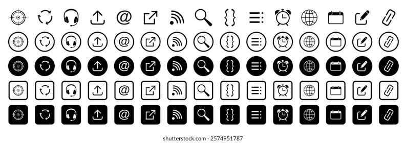 Web icon set. Target; headphones; arrow; email; internet; wi-fi; magnifying glass; brackets; menu; globe;  Vector illustration