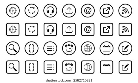 Web icon set. Target; headphones; arrow; email; internet; wi-fi; magnifying glass; brackets; menu; globe;  Vector illustration