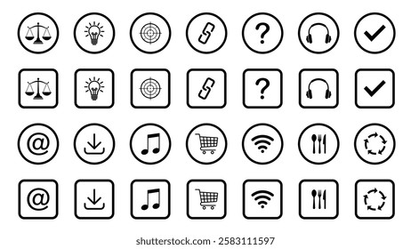 Web icon set. Target;  headphones; bulb; question; chain; note; basket; wifi; knife; fork; spoon; arrow; cycle; vector; web; mark. Vector