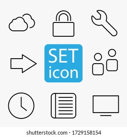 Web icon set. Thin line icons set consisting of Clouds, Lock, Wrench, Arrow, Video Play, People, Group, User, Clock, Time, Notepad, Monitor. Outline web icons. Editable Stroke Web Icon