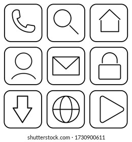 Websymbolsatz. Die dünnen Linien-Symbole bestehen aus Telefon, Anruf, Suche, Magnifier, Haus, Benutzer, Mail, Sperre, Pfeil, Planet, Globe, Play. Skizziert Web-Icons. Editable Stroke Web Icon